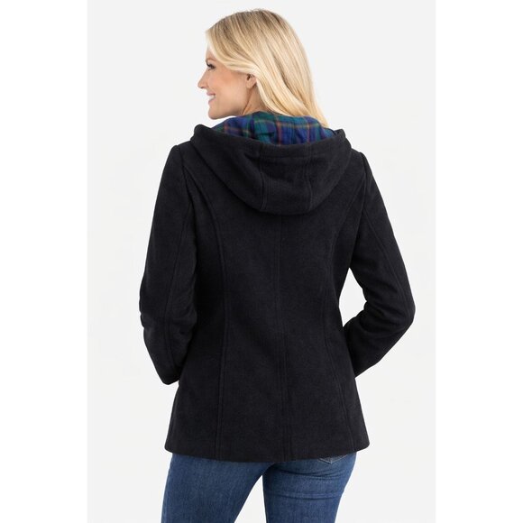 Fleet Street Wool Hooded Jacket Black Plaid Lined Wool Zip Coat Womens Petite PL - Picture 2 of 12